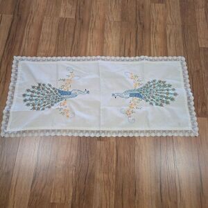 Vintage Embroidered Lace Table Runner Peacock Design